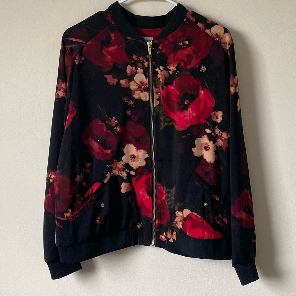 Susan Graver Black and Red Floral Bomber Jacket - Picture 2 of 8